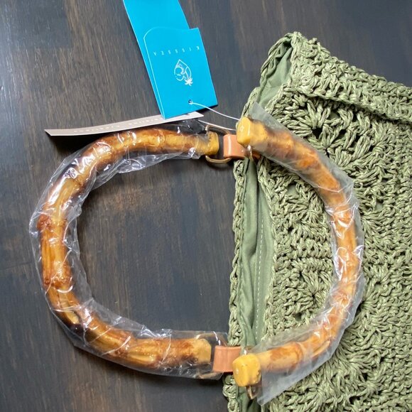 KISS SEA Woven Crochet Handbag Bamboo Handle Green NWT - Picture 7 of 9